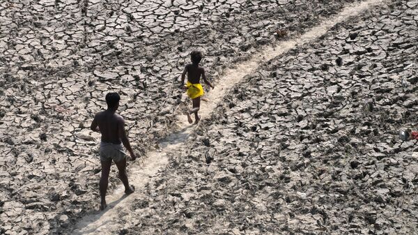 Un hombre y un niño caminan por el lecho casi seco de un río tras las altas temperaturas, la India. - Sputnik Mundo