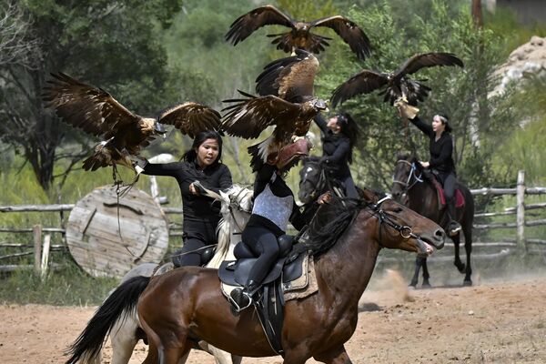 Cazadores kirguises compiten durante el Festival Tradicional de Caza del Águila Salbuurun cerca del lago Issik-Kul, Kirguistán. - Sputnik Mundo