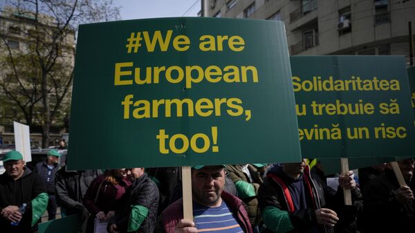 Un hombre sostiene una pancarta durante una protesta de agricultores frente a la Oficina de Representación de la Comisión Europea en Bucarest (Rumania) - Sputnik Mundo