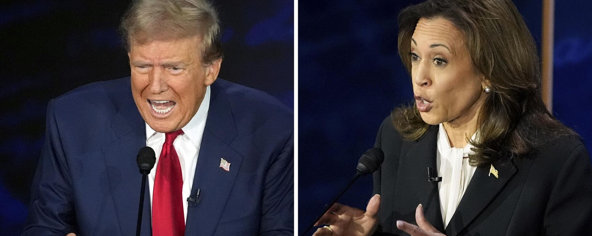 El candidato presidencial republicano, el expresidente Donald Trump, y la candidata presidencial demócrata, la vicepresidenta Kamala Harris, durante el debate presidencial. - Sputnik Mundo, 1920, 11.09.2024