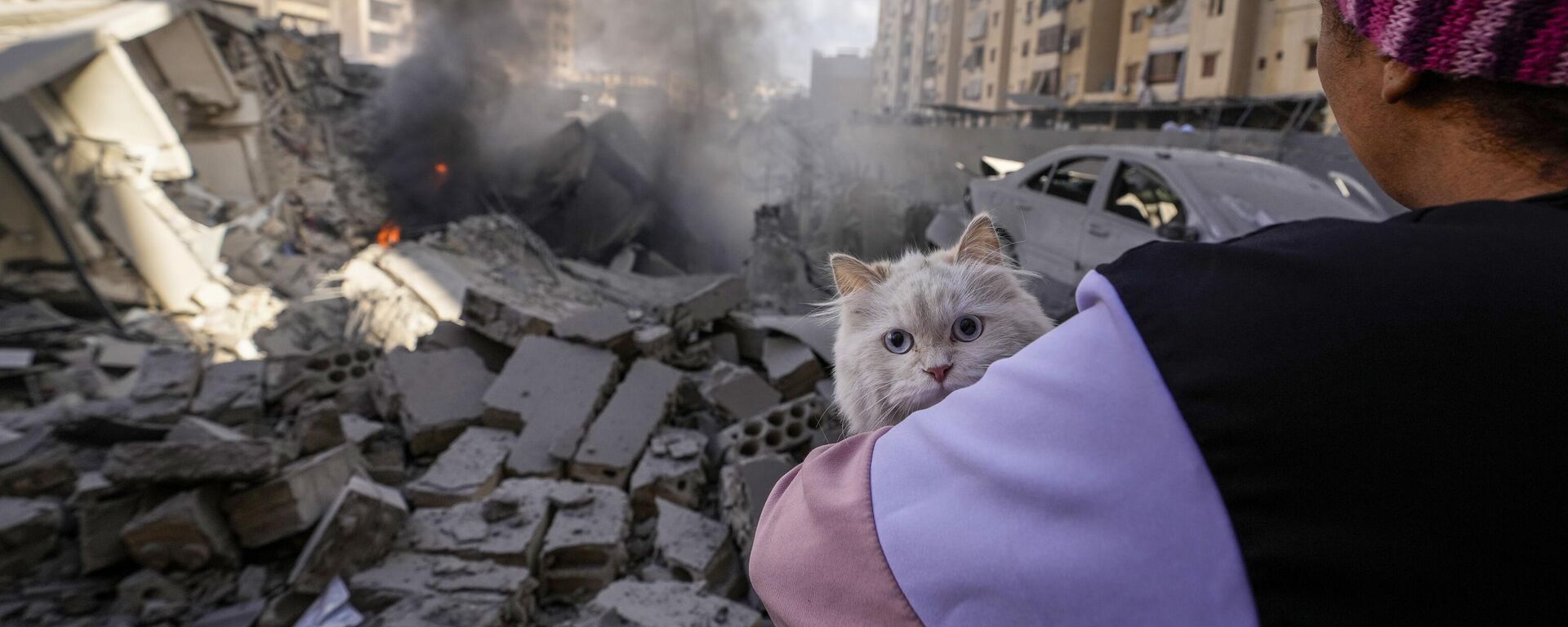 Mujer sostiene a su gato en el lugar de un ataque aéreo israelí en Beirut, Líbano, el 2 de octubre de 2024 - Sputnik Mundo, 1920, 27.10.2024