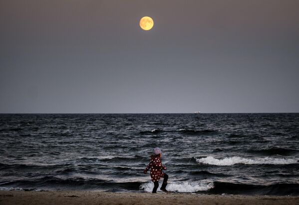 La superluna provoca mareas altas y activas, lo que añade a las fotos un ambiente aún más inspirador y memorable.En la foto: la Luna en Haffkrug, al norte de Alemania. - Sputnik Mundo