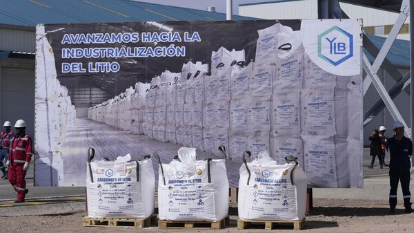 Bolsas de litio exhibidas previo a una ceremonia de inauguración de una planta industrial que produce carbonato de litio, utilizado para fabricar baterías de litio, en el desierto de sal de Uyuni, en las afueras de Llipi, Bolivia (archivo) - Sputnik Mundo