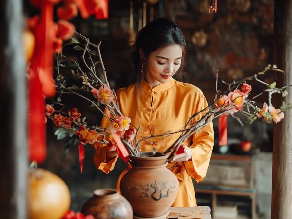 En Vietnam para Año Nuevo se utilizan ramas de melocotonero en flor, en lugar de árboles de Navidad. Es un símbolo de renovación y pureza primaverales, que decora casas y calles. La flor del melocotonero se asocia con la longevidad y la buena suerte, llena el espacio con su fragancia y crea un ambiente festivo. - Sputnik Mundo