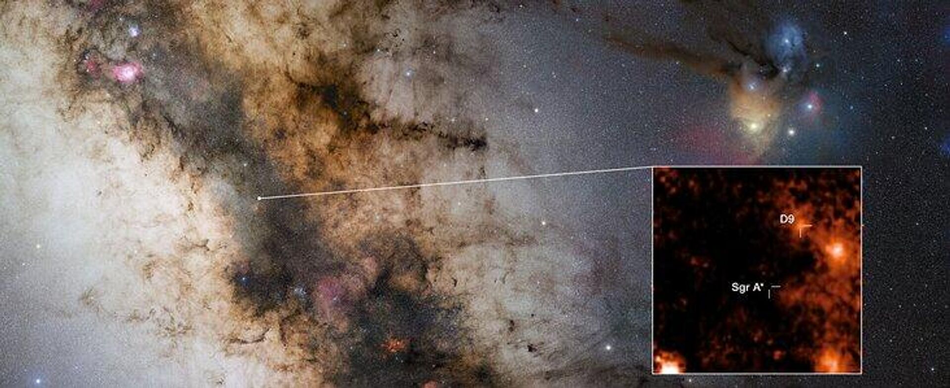 Esta imagen muestra la ubicación de la estrella binaria D9, recientemente descubierta, que orbita alrededor de Sagitario A*, el agujero negro supermasivo situado en el centro de nuestra galaxia. - Sputnik Mundo, 1920, 18.12.2024
