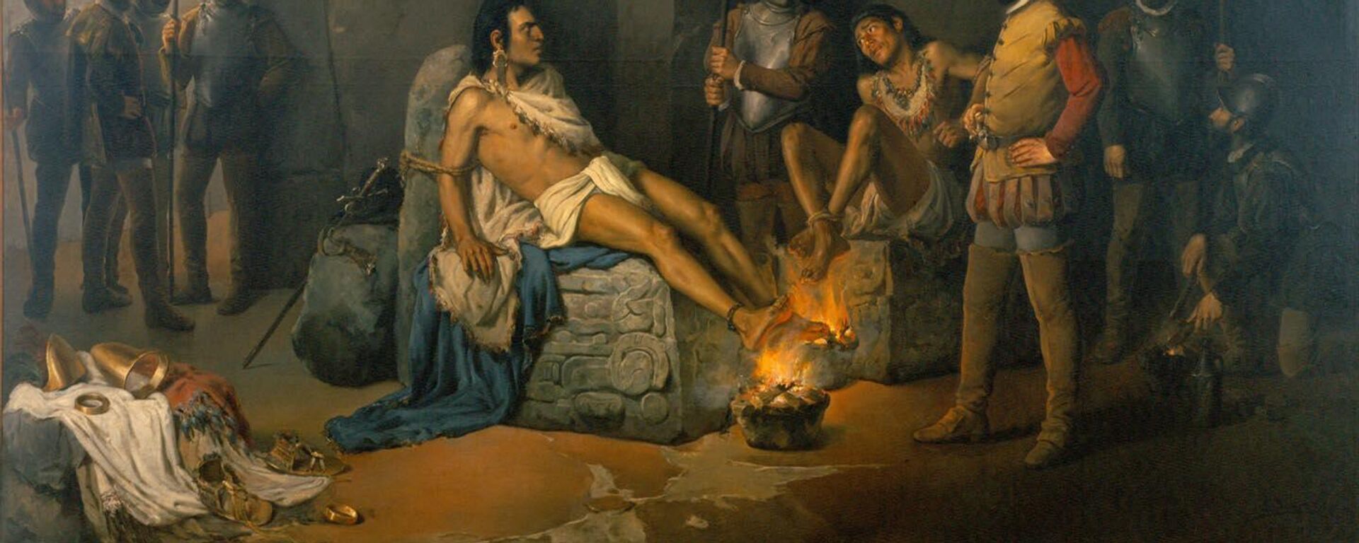 El suplicio de Cuauhtémoc, pintura de Leandro Izaguirre - Sputnik Mundo, 1920, 28.02.2025