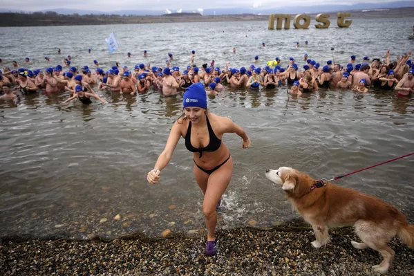 Algunos de los 2.461 nadadores salen del agua tras batir el récord mundial del mayor evento de chapuzón del oso polar, en el lago Most, República Checa, el 1 de marzo.Los participantes del evento se sumergen en el agua a pesar de las bajas temperaturas. - Sputnik Mundo