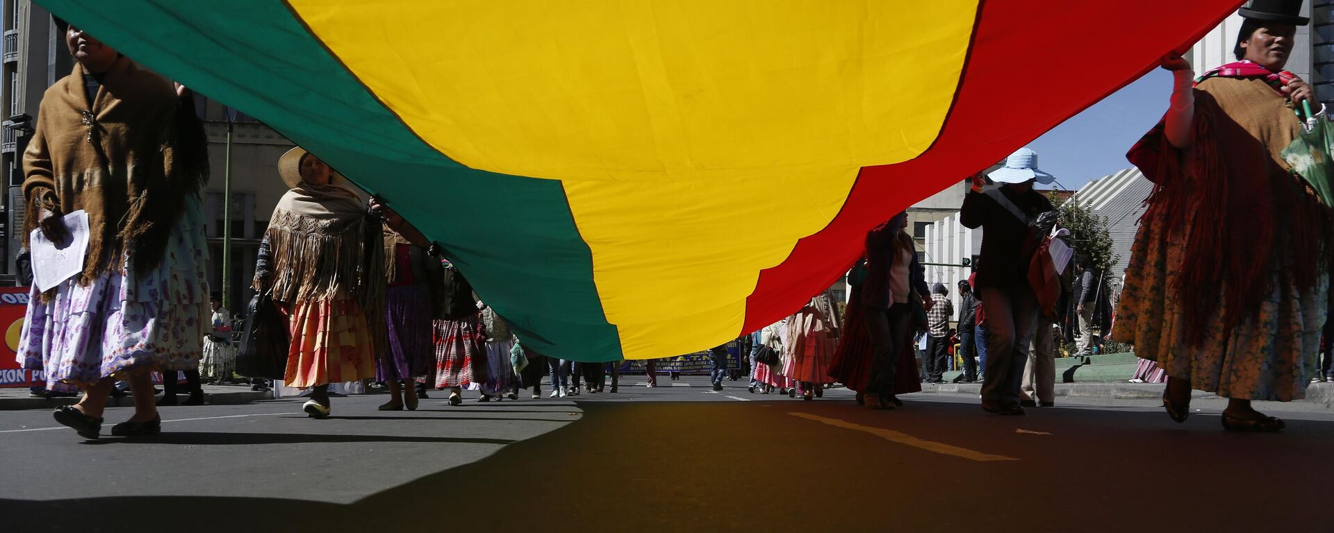 Mujeres indígenas portan una bandera boliviana durante una marcha del Primero de Mayo en La Paz, Bolivia - Sputnik Mundo, 1920, 05.04.2025