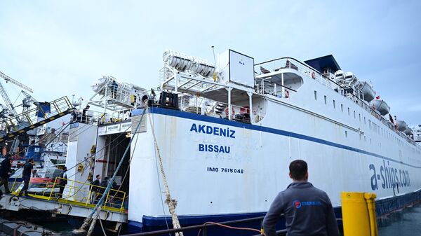 La Coalición Internacional de la Flotilla de la Libertad está cargando un buque portacontenedores llamado Mediterranean, que transporta ayuda humanitaria, en Estambul, Turquía, para llegar a Gaza el 19 de abril de 2024  - Sputnik Mundo