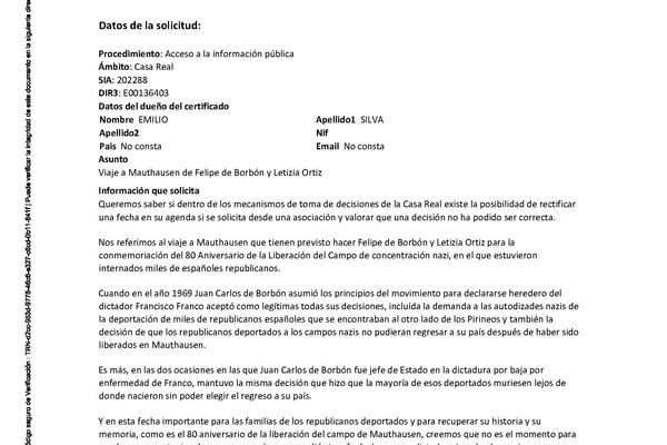 Solicitud de la ARMH a Casa Real, pag. 1 - Sputnik Mundo