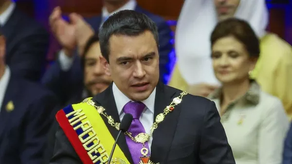 Daniel Noboa, el presidente de Ecuador, pronuncia un discurso durante la inauguración presidencial en el edificio de la Asamblea Nacional, el 24 de mayo de 2025 en Quito, Ecuador. - Sputnik Mundo