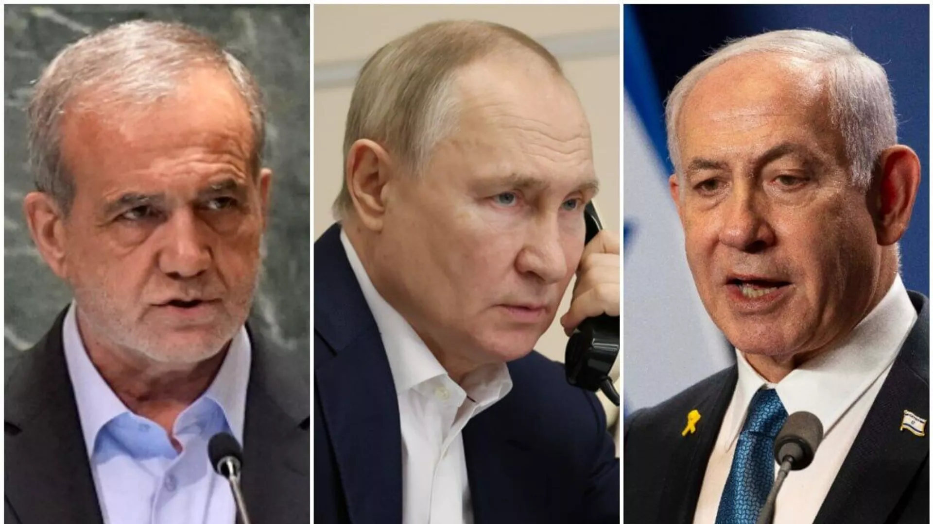 El presidente ruso, Vladímir Putin, el primer ministro israelí, Benjamín Netanyahu, el presidente iraní, Masud Pezeshkián El presidente ruso, Vladímir Putin, el primer ministro israelí, Benjamín Netanyahu, el presidente iraní, Masud Pezeshkián - Sputnik Mundo, 1920, 13.06.2025
