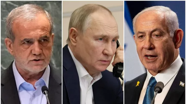 El presidente ruso, Vladímir Putin, el primer ministro israelí, Benjamín Netanyahu, el presidente iraní, Masud Pezeshkián - Sputnik Mundo