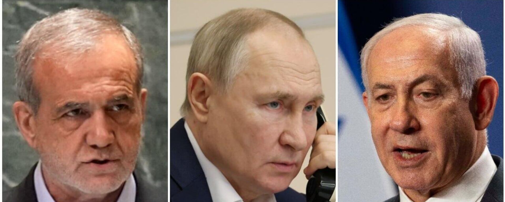 El presidente ruso, Vladímir Putin, el primer ministro israelí, Benjamín Netanyahu, el presidente iraní, Masud Pezeshkián - Sputnik Mundo, 1920, 13.06.2025