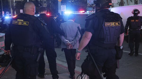 La Patrulla de Carreteras de California arresta a un hombre durante una protesta en Los Ángeles (imagen referencial)  - Sputnik Mundo