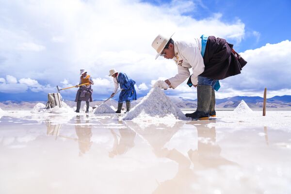 Personas recolectando sal cruda en un lago salino en China. - Sputnik Mundo