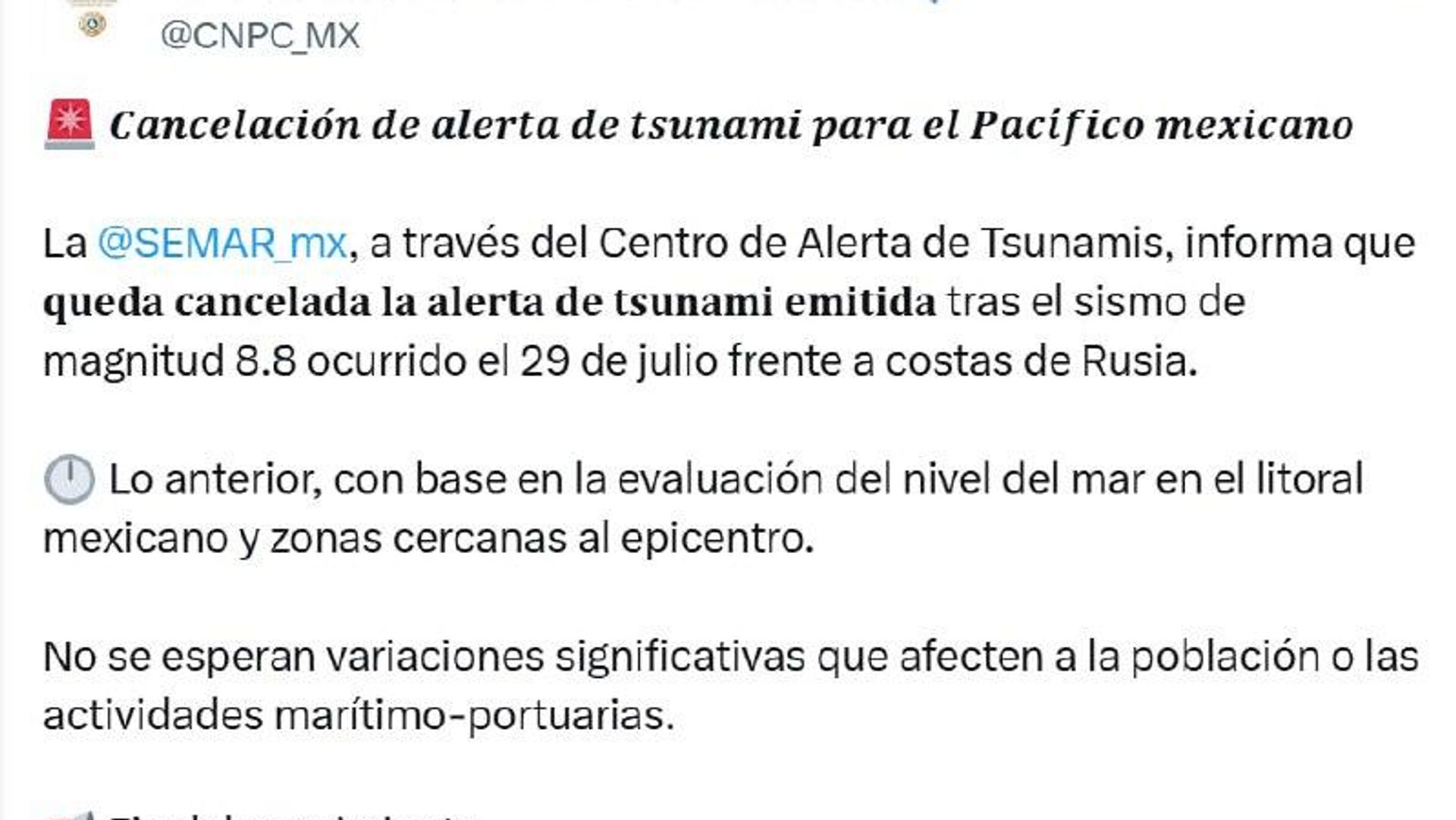 México desactiva alerta de tsunami tras terremoto en Kamchatka México desactiva alerta de tsunami tras terremoto en Kamchatka - Sputnik Mundo, 1920, 30.07.2025