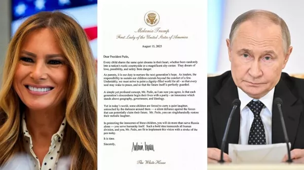 De izquierda a derecha: Melania Trump, la carta de Melania Trump dirigida a Vladímir Putin, el presidente ruso, Vladímir Putin (Referencial) - Sputnik Mundo