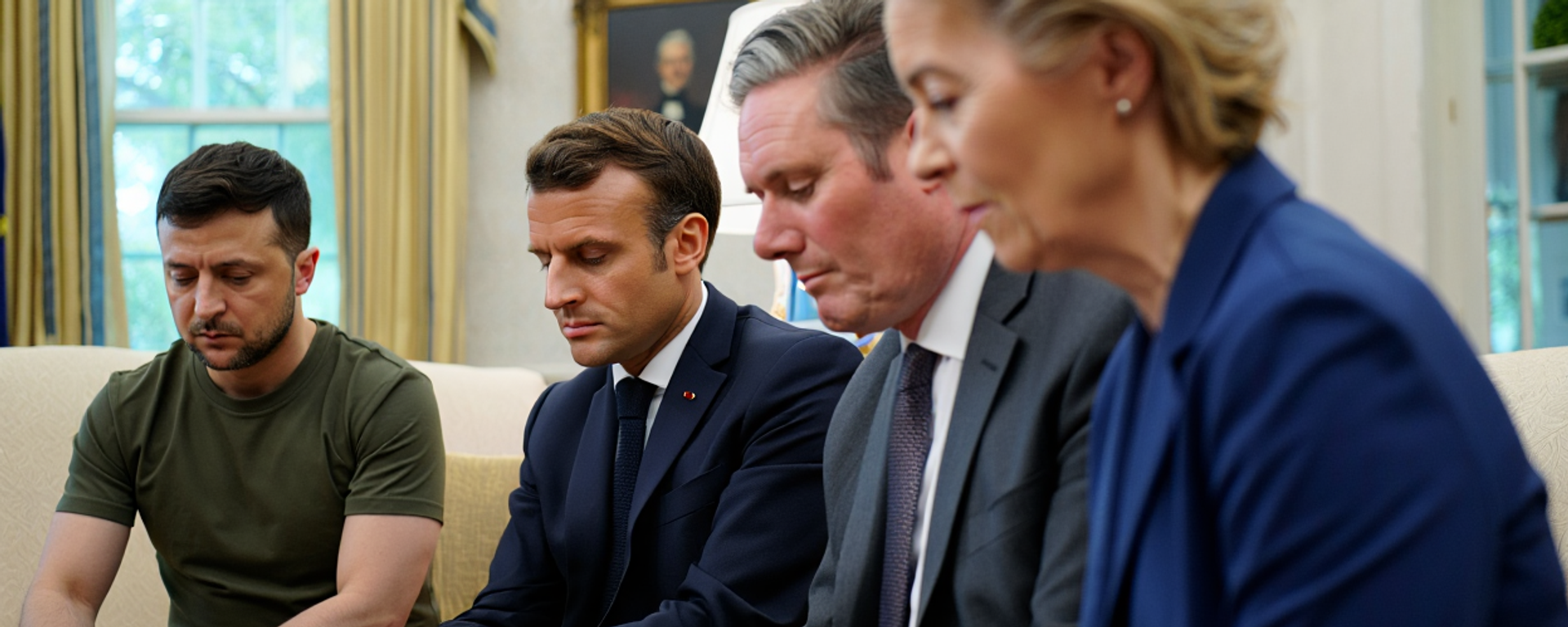 Volodímir Zelenski, el presidente francés, Emmanuel Macron, la jefa de la Comisión Europea, Ursula von der Leyen, el primer ministro británico, Keir Starmer (Imagen referencial) - Sputnik Mundo, 1920, 20.08.2025