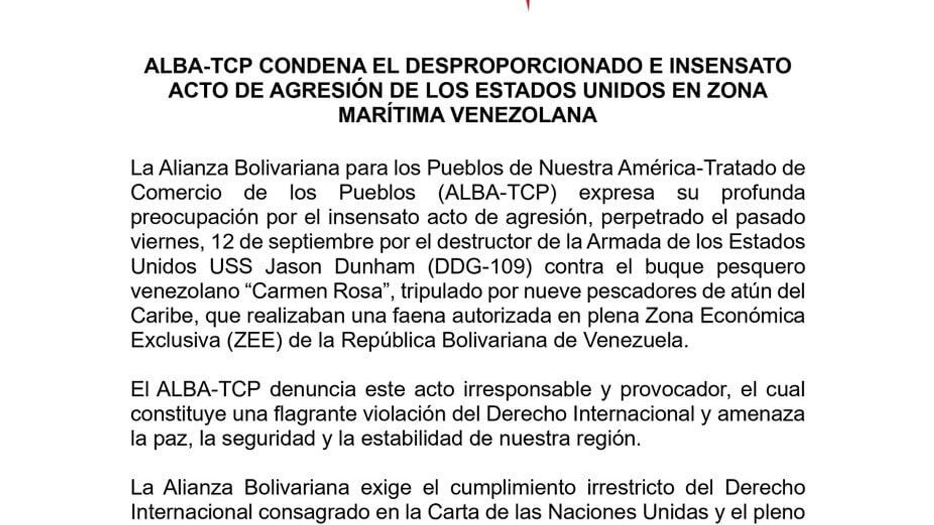 ALBA-TCP condena asalto por parte de EEUU contra barco pesquero venezolano ALBA-TCP condena asalto por parte de EEUU contra barco pesquero venezolano - Sputnik Mundo, 1920, 15.09.2025