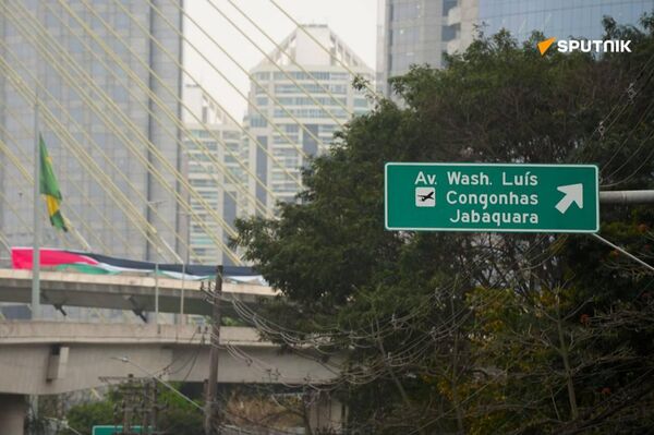 Activistas despliegan una bandera palestina de 70 metros en el puente atirantado de Sao Paulo - Sputnik Mundo