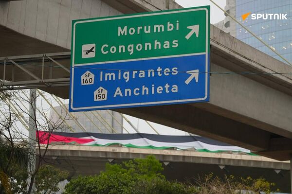 Activistas despliegan una bandera palestina de 70 metros en el puente atirantado de Sao Paulo - Sputnik Mundo
