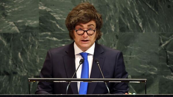 Javier Milei, presidente de Argentina, se dirige a la Asamblea General de la ONU durante la 80.ª sesión del evento anual el 24 de septiembre de 2025, en la ciudad de Nueva York, EEUU - Sputnik Mundo