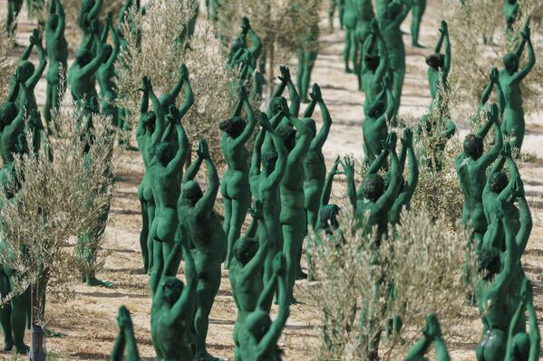Personas pintadas de verde posan para el fotógrafo Spencer Tunick en su nueva instalación artística en la ciudad española de Granada. - Sputnik Mundo