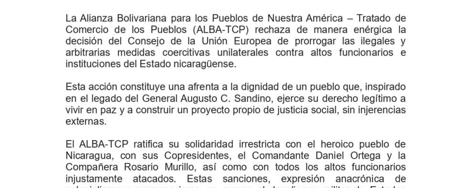 ALBA-TCP califica como intervencionista la ampliación de sanciones de la UE contra Nicaragua - Sputnik Mundo, 1920, 01.10.2025