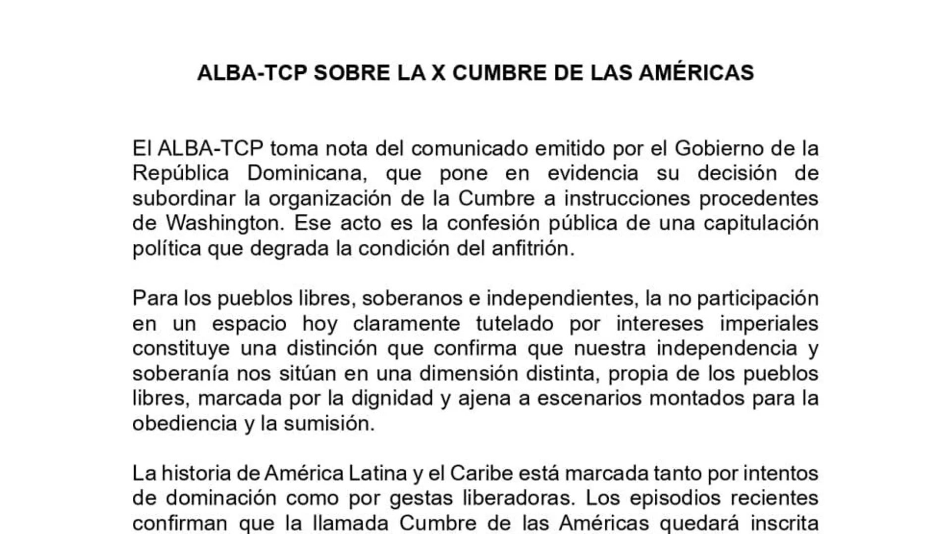 ALBA-TCP señala a República Dominicana por presuntamente subordinar la Cumbre de las Américas a EEUU - Sputnik Mundo, 1920, 02.10.2025