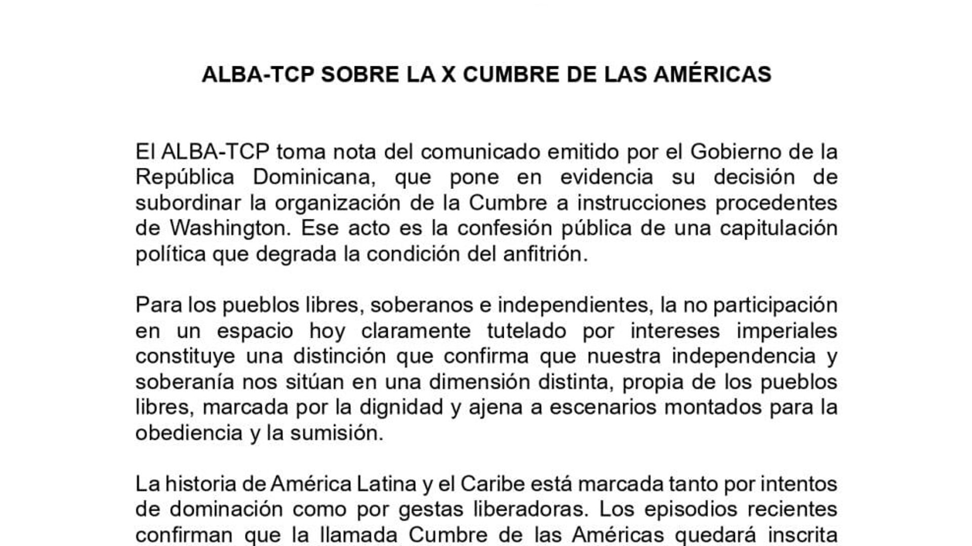 ALBA-TCP señala a República Dominicana por presuntamente subordinar la Cumbre de las Américas a EEUU ALBA-TCP señala a República Dominicana por presuntamente subordinar la Cumbre de las Américas a EEUU - Sputnik Mundo, 1920, 02.10.2025