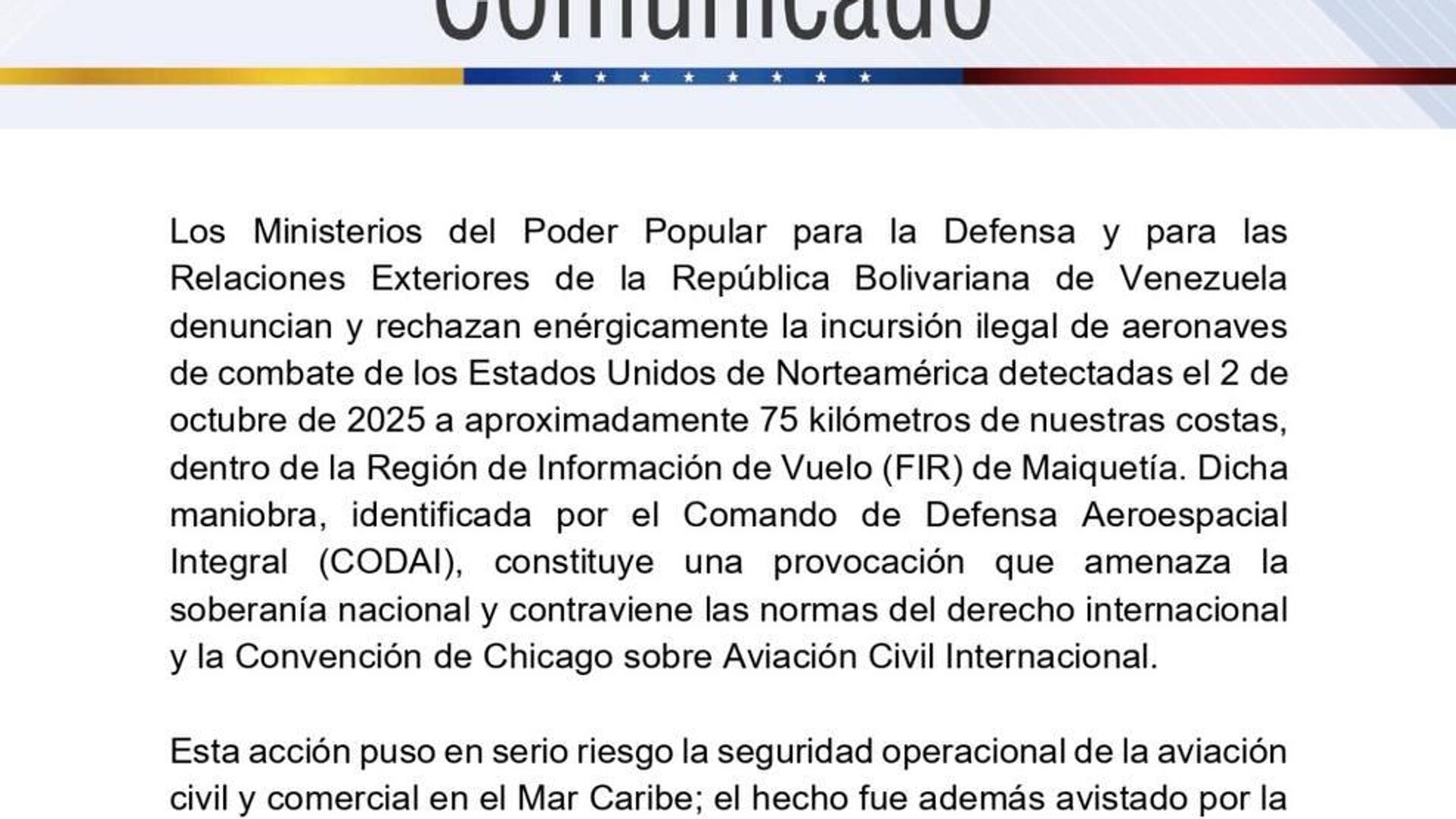 El Gobierno venezolano repudió el sobrevuelo de aeronaves estadounidenses cerca de su territorio durante este 2 de octubre, de acuerdo con un comunicado difundido por el canciller del país sudamericano, Yván Gil El Gobierno venezolano repudió el sobrevuelo de aeronaves estadounidenses cerca de su territorio durante este 2 de octubre, de acuerdo con un comunicado difundido por el canciller del país sudamericano, Yván Gil - Sputnik Mundo, 1920, 02.10.2025