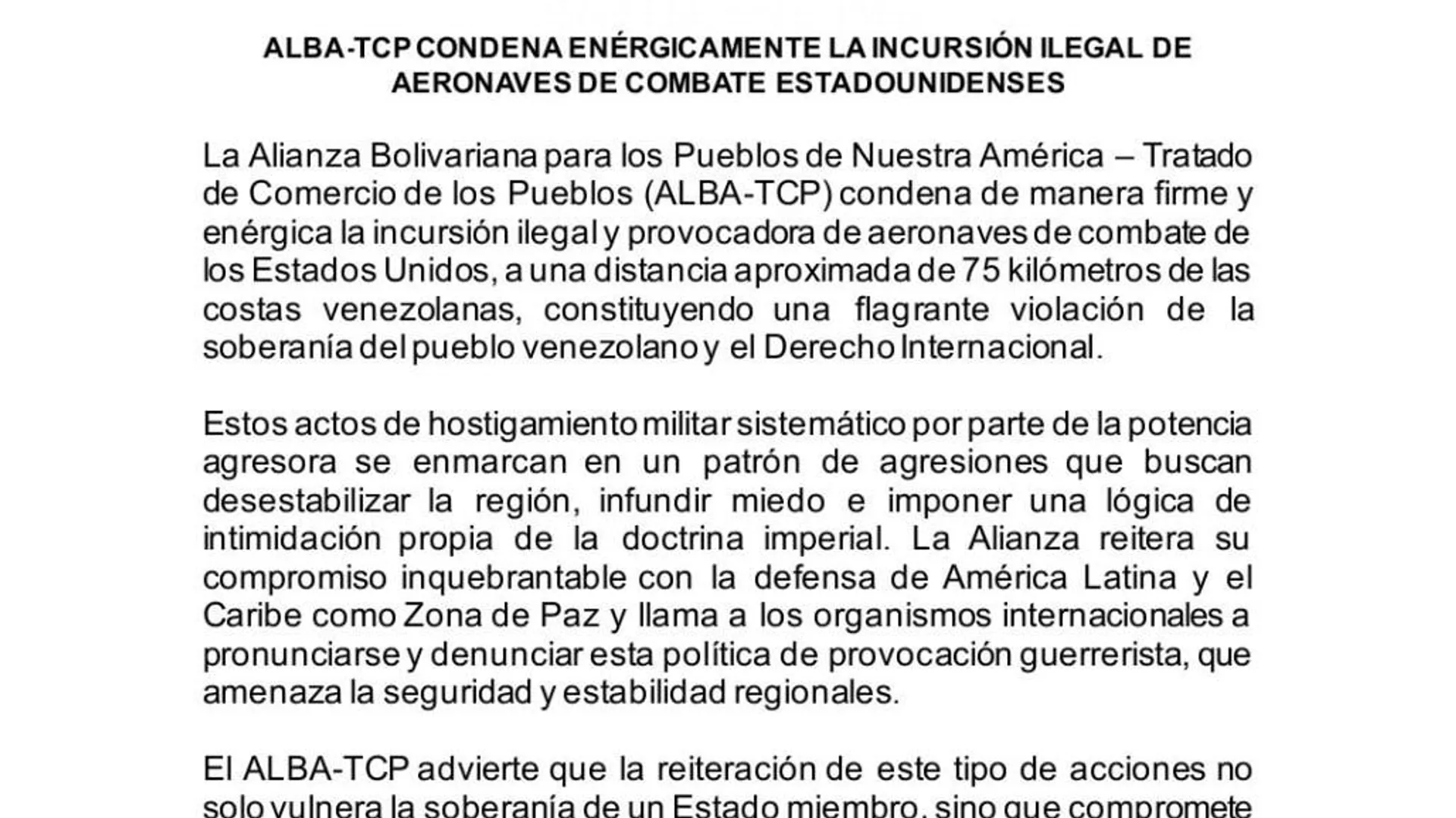 ALBA-TCP condena la incursión de aeronaves estadounidenses cerca de Venezuela - Sputnik Mundo, 1920, 04.10.2025