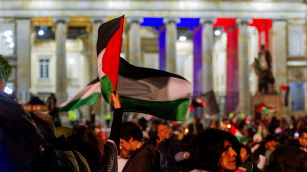 Manifestantes participan en una protesta a favor de Palestina, después de que las fuerzas israelíes interceptaran la flotilla Global Sumud, en Bogotá, Colombia, el 7 de octubre de 2025 - Sputnik Mundo