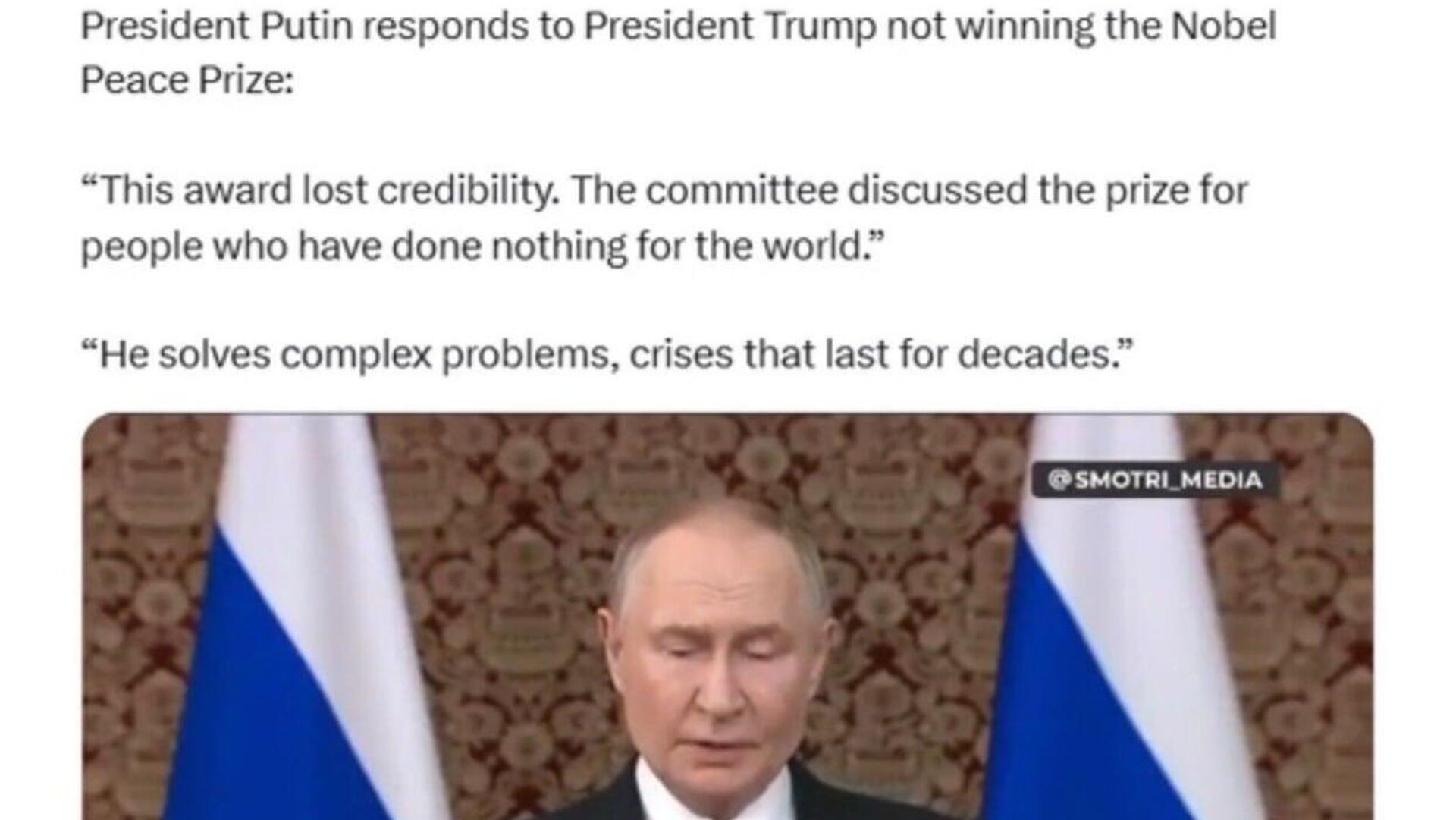 Trump agradece a Putin por sus palabras sobre los esfuerzos del líder de EEUU por resolver crisis globales Trump agradece a Putin por sus palabras sobre los esfuerzos del líder de EEUU por resolver crisis globales - Sputnik Mundo, 1920, 10.10.2025