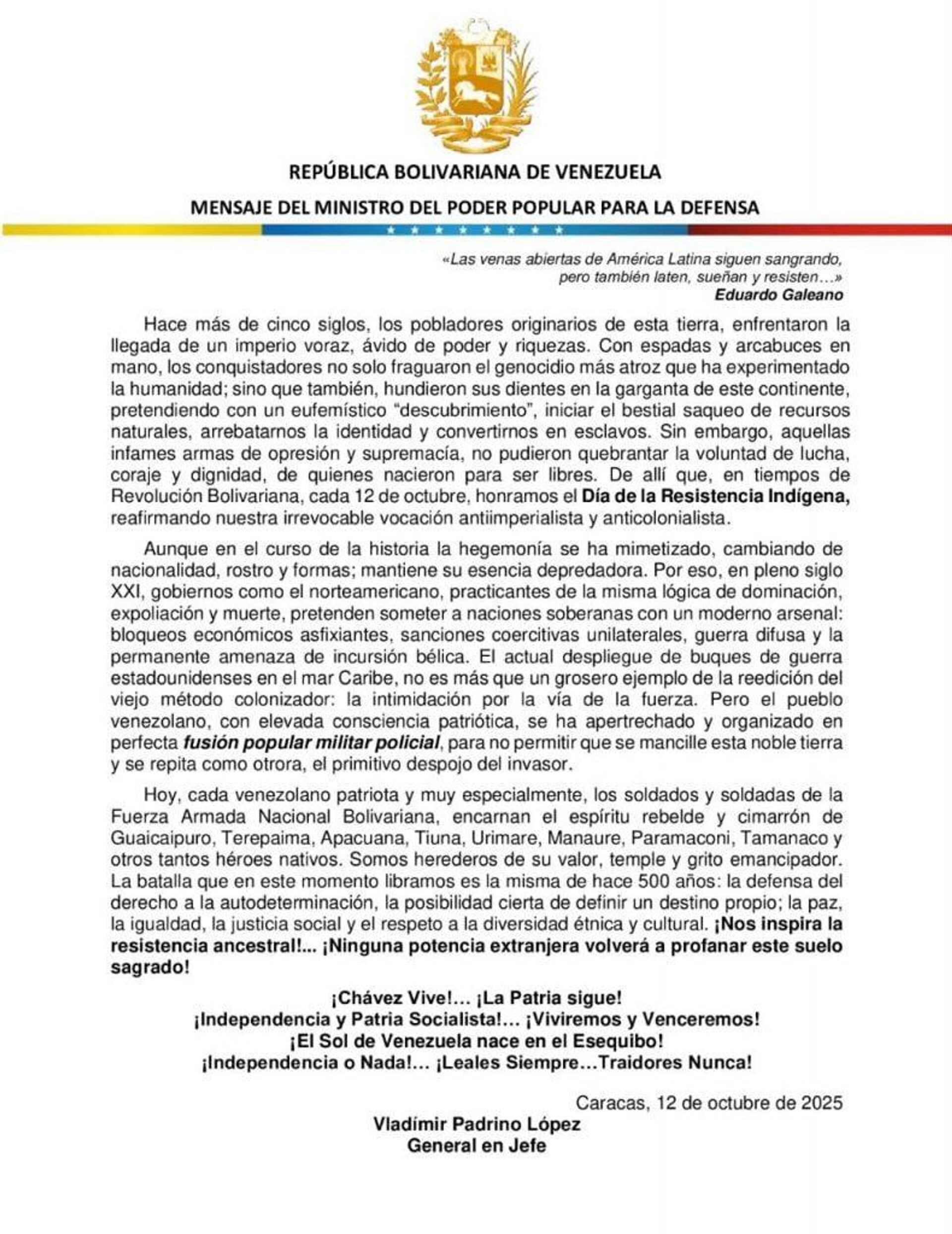 ¡Independencia o nada! Venezuela tilda de reedición del viejo método colonizador el despliegue militar de EEUU en el Caribe - Sputnik Mundo, 1920, 12.10.2025