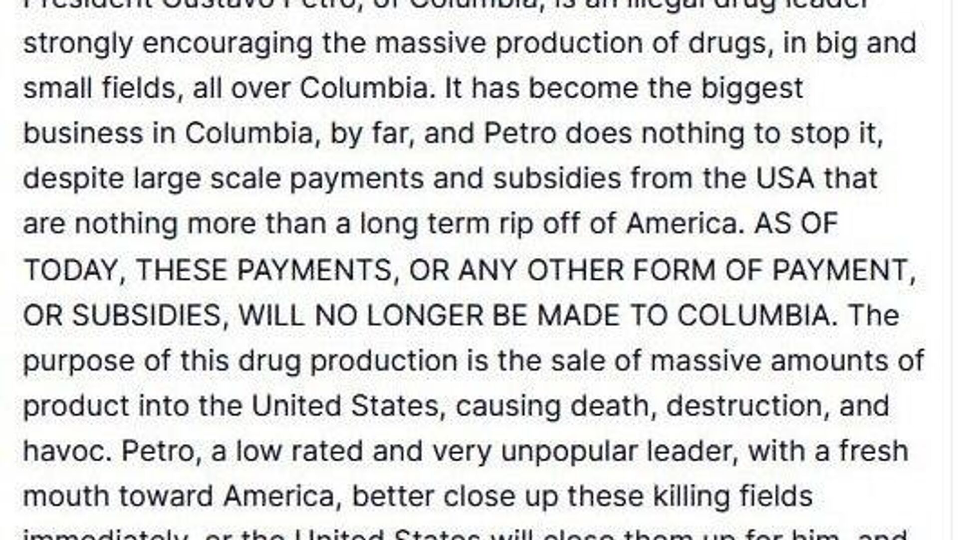 Trump amenaza a Petro con intervenir de manera no amable en Colombia para combatir el tráfico de drogas Trump amenaza a Petro con intervenir de manera no amable en Colombia para combatir el tráfico de drogas - Sputnik Mundo, 1920, 19.10.2025