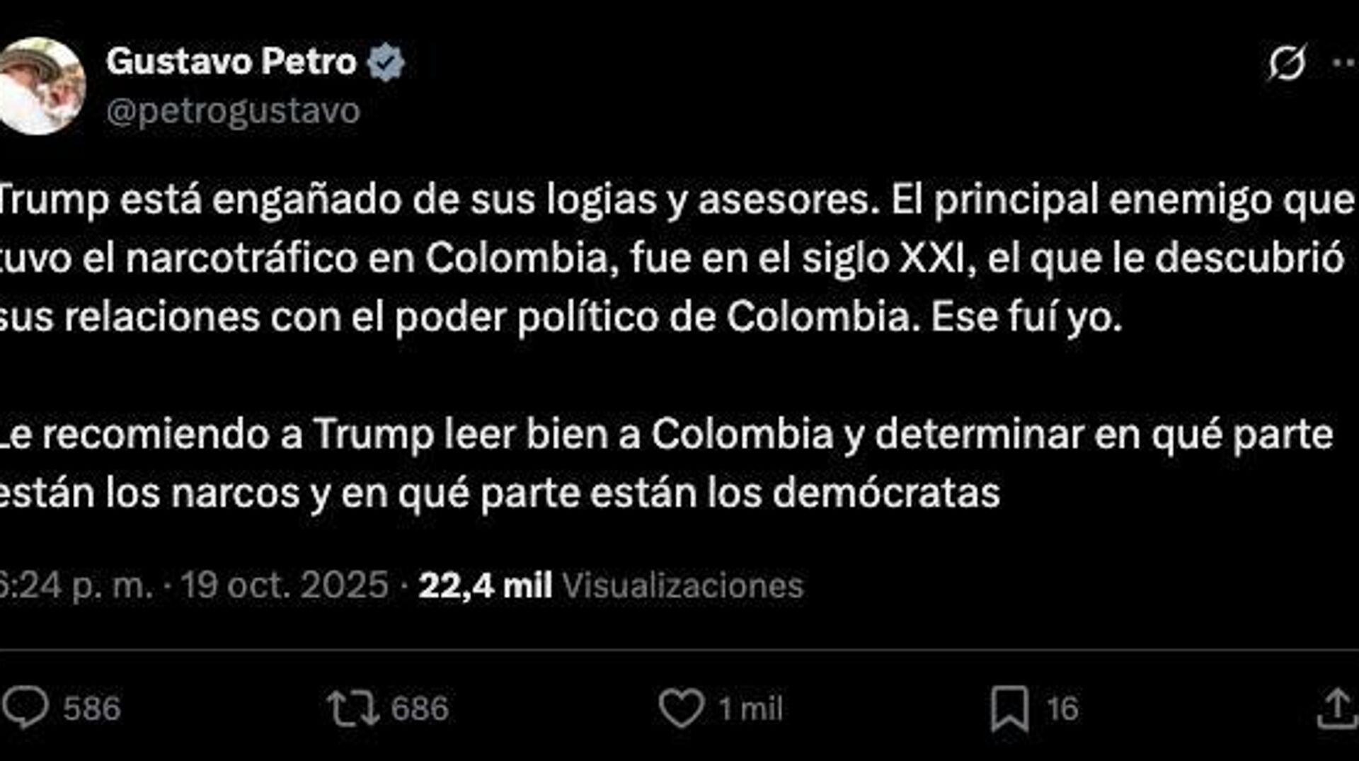 Le recomiendo leer bien a Colombia: Petro responde a las amenazas de Trump Le recomiendo leer bien a Colombia: Petro responde a las amenazas de Trump - Sputnik Mundo, 1920, 19.10.2025