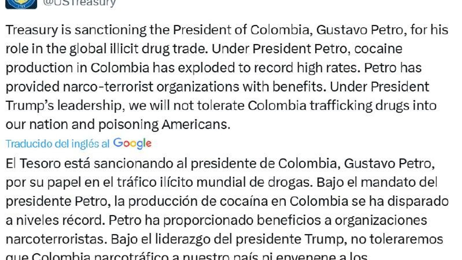 Departamento del Tesoro de EEUU sobre sanción a Petro: Ha permitido el florecimiento de los cárteles de la droga Departamento del Tesoro de EEUU sobre sanción a Petro: Ha permitido el florecimiento de los cárteles de la droga - Sputnik Mundo, 1920, 24.10.2025