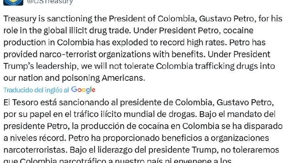 Departamento del Tesoro de EEUU sobre sanción a Petro: Ha permitido el florecimiento de los cárteles de la droga - Sputnik Mundo