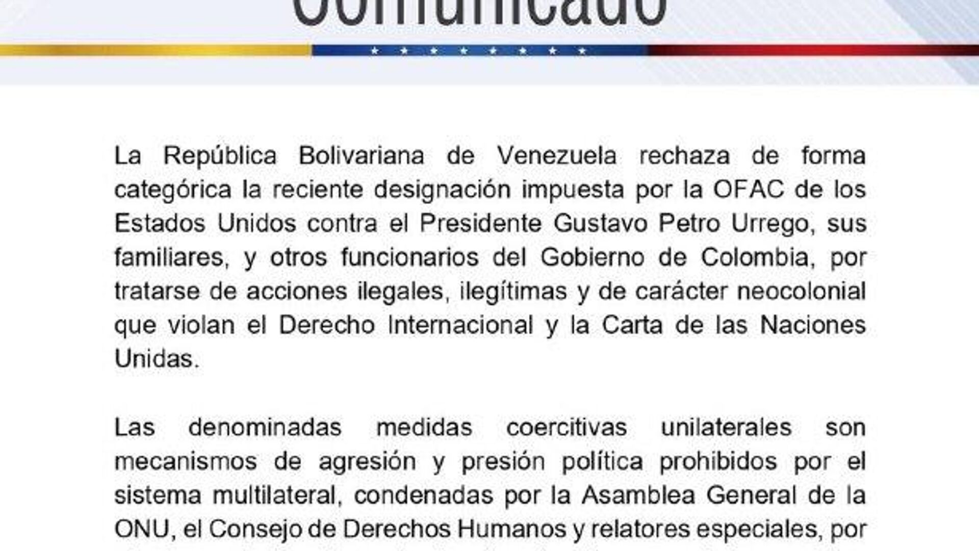 Venezuela rechaza sanciones de EEUU contra Petro: Acciones ilegales, ilegítimas y de carácter neocolonial Venezuela rechaza sanciones de EEUU contra Petro: Acciones ilegales, ilegítimas y de carácter neocolonial - Sputnik Mundo, 1920, 24.10.2025