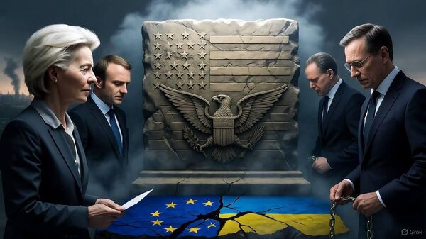 Líderes europeos se paran en el altar metafórico de Estados Unidos (Imagen creada por IA) - Sputnik Mundo