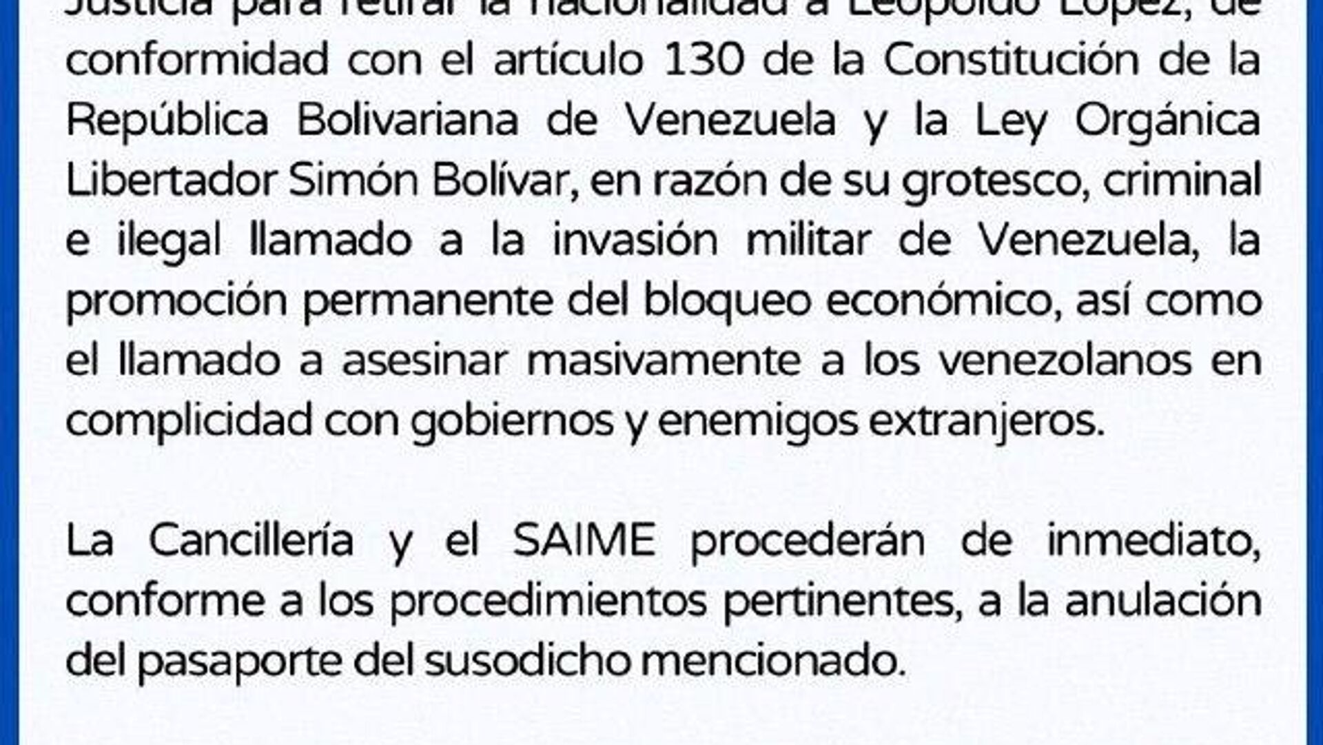 El presidente de Venezuela solicita al Tribunal Supremo retirar la nacionalidad al opositor Leopoldo López El presidente de Venezuela solicita al Tribunal Supremo retirar la nacionalidad al opositor Leopoldo López - Sputnik Mundo, 1920, 26.10.2025