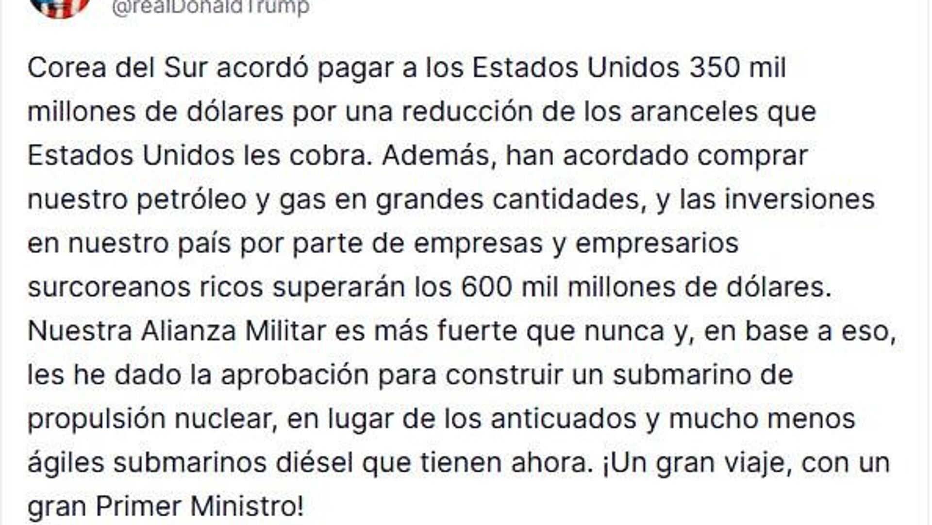 Trump: Le di mi aprobación a Corea del Sur para construir un submarino de propulsión nuclear Trump: Le di mi aprobación a Corea del Sur para construir un submarino de propulsión nuclear - Sputnik Mundo, 1920, 29.10.2025