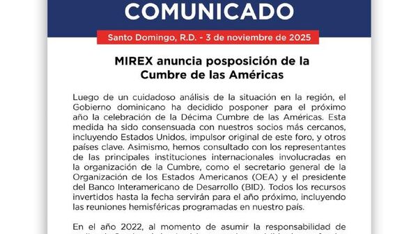 El Ministerio de Relaciones Exteriores dominicano dio a conocer que el encuentro se llevará a cabo hasta 2026 y no en diciembre de este año, como se tenía previsto - Sputnik Mundo