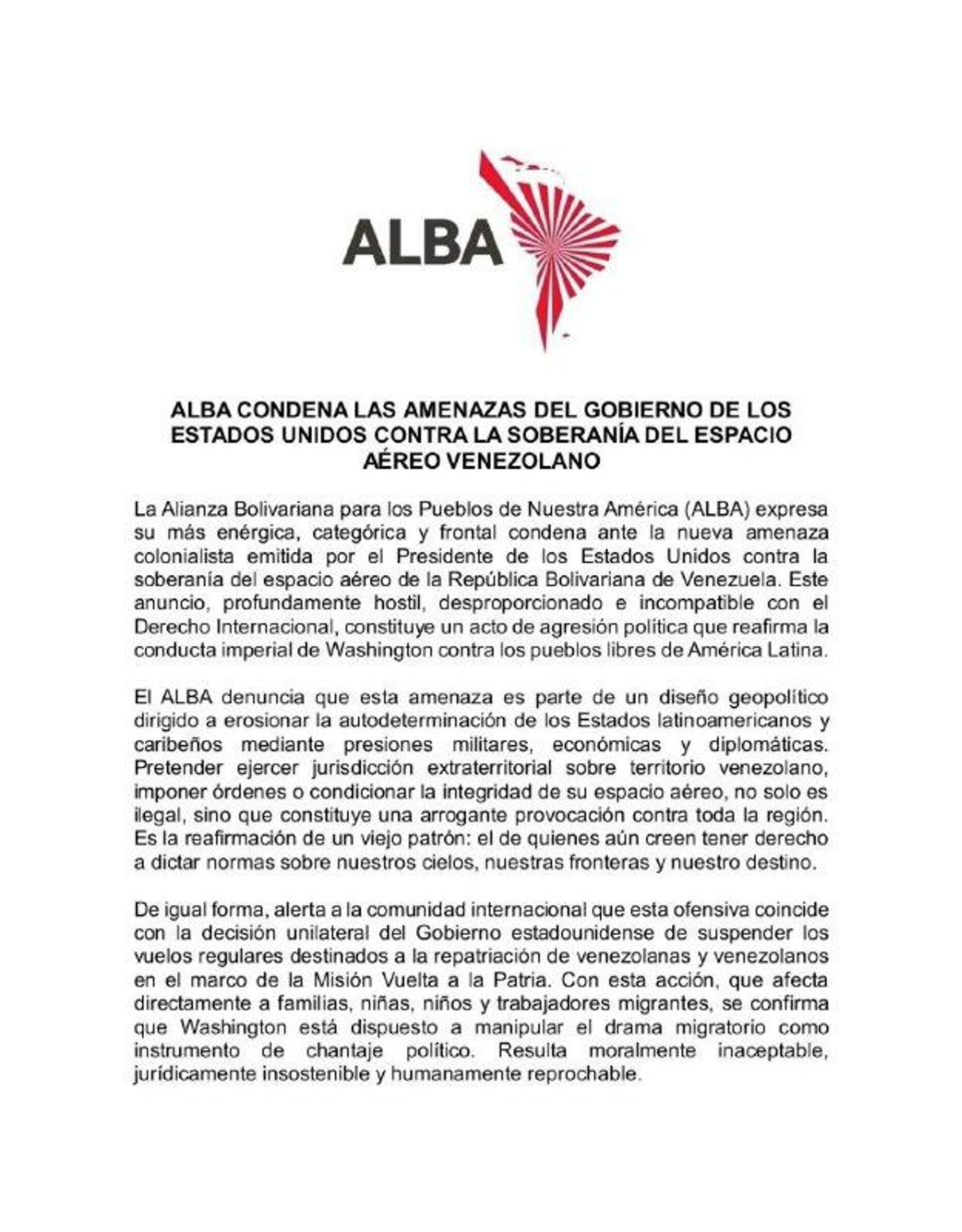 ALBA-TCP: La amenaza contra Venezuela constituye una amenaza contra todos los Estados soberanos de la región - Sputnik Mundo, 1920, 30.11.2025