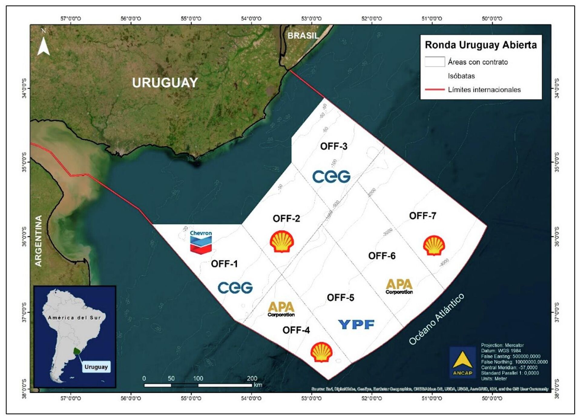 Mapa de las zonas de exploración petrolera otorgadas por la petrolera estatal Ancap en la plataforma marítima de Uruguay - Sputnik Mundo, 1920, 04.12.2025