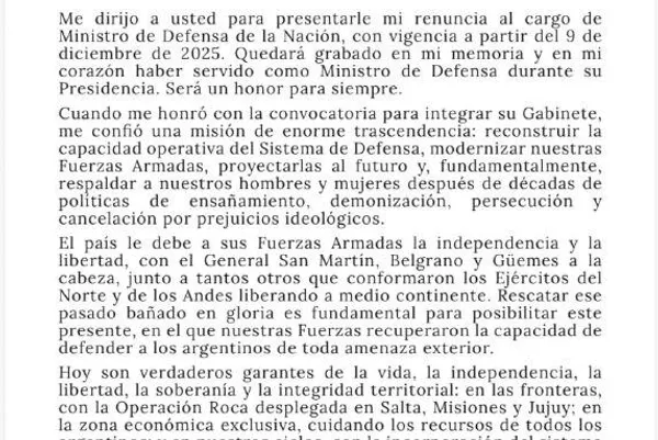 🪖 Luis Petri, ministro de Defensa argentino, presentó su renuncia al presidente Javier Milei, la cual será vigente a partir de este 9 de diciembre, según el documento compartido por el titular de la cartera a través de su perfil de X - Sputnik Mundo
