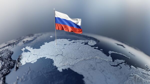 Bandera rusa clavada en un globo con relieve sobre Eurasia - Sputnik Mundo
