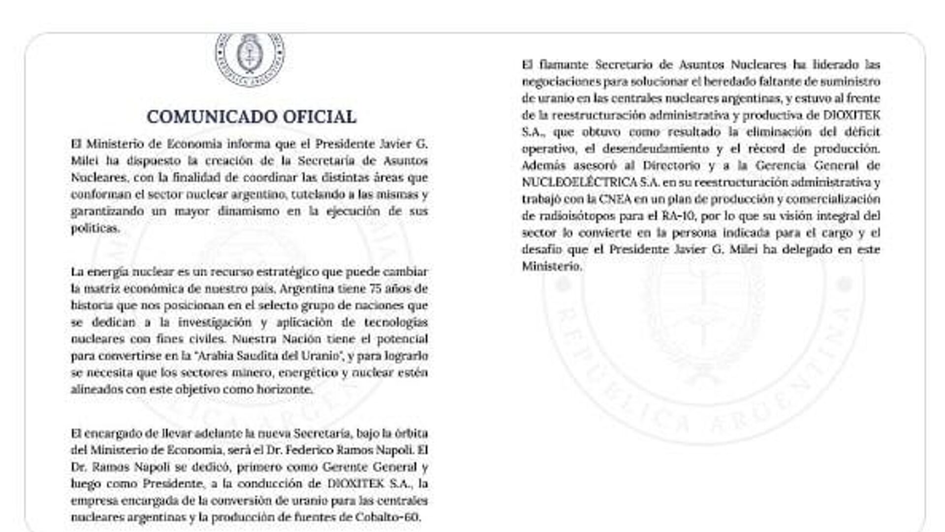 Gobierno de Argentina anuncia la creación de la Secretaría de Asuntos Nucleares, informan desde el Ministerio de Economía Gobierno de Argentina anuncia la creación de la Secretaría de Asuntos Nucleares, informan desde el Ministerio de Economía - Sputnik Mundo, 1920, 09.12.2025